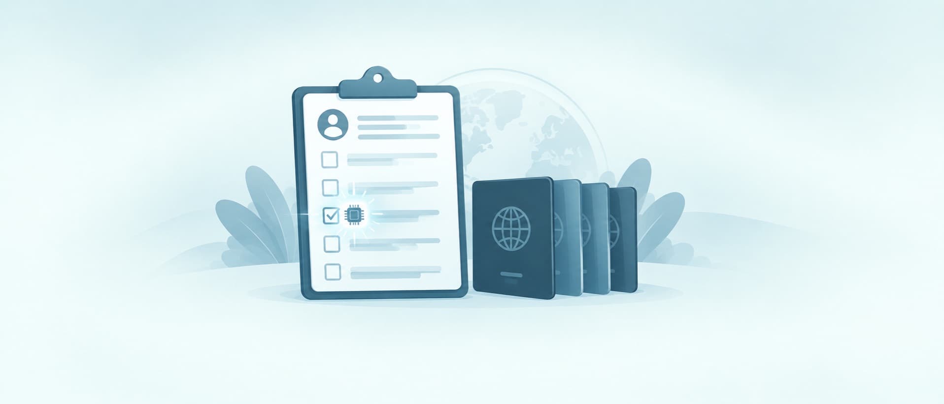 Consent form on a clipboard with a glowing chip in one checkbox beside four passports, for AI disclosure rules by country