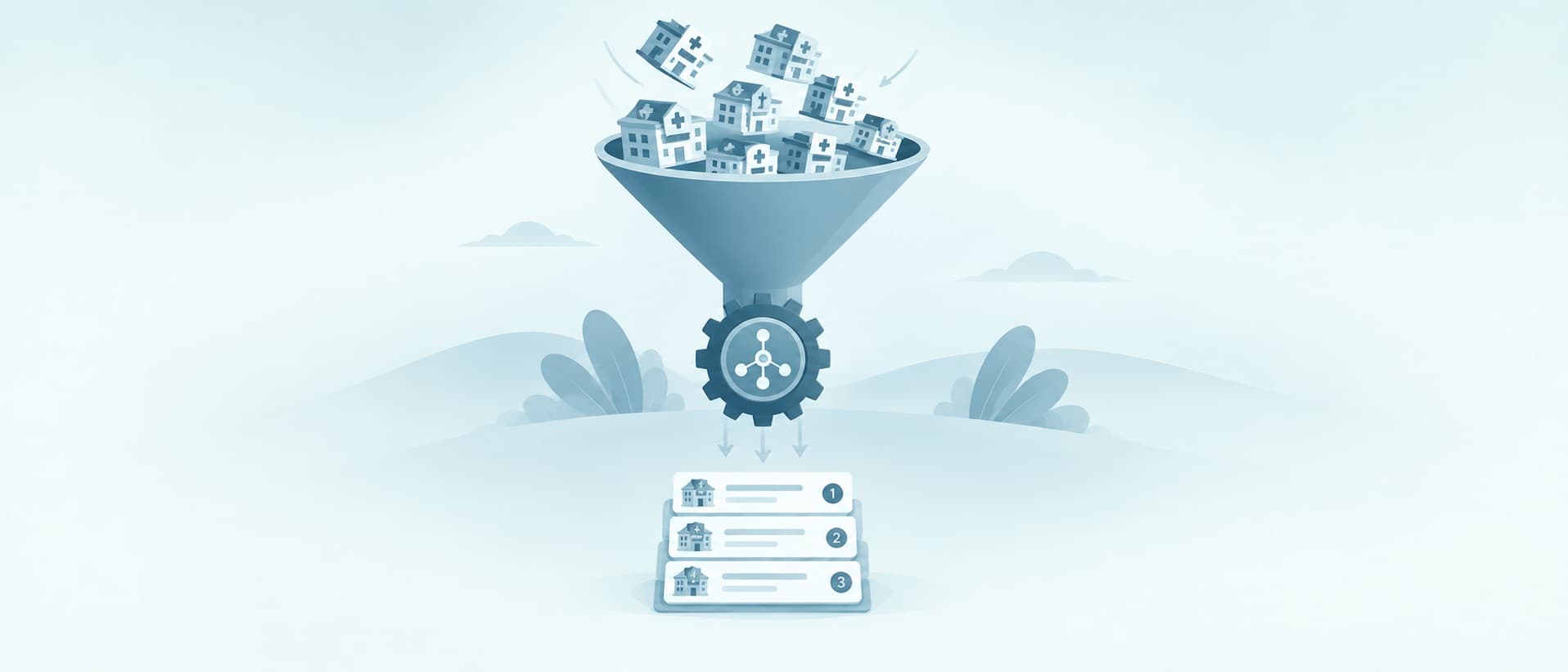 Clinic icons poured into a funnel and sorted by a gear into a ranked list, for how Bookimed matches patients to clinics