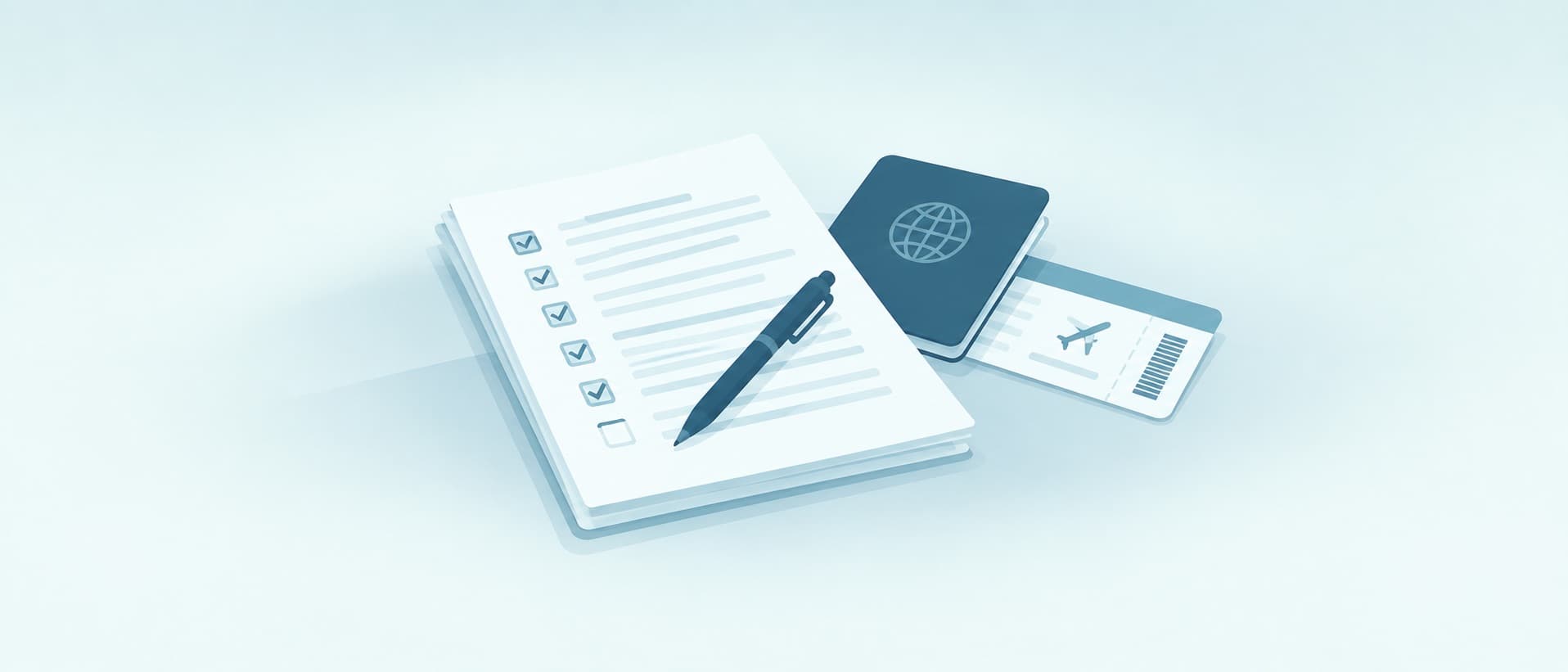 Contract with ticked boxes and a pen beside a passport and boarding pass, for a medical contract review before travel