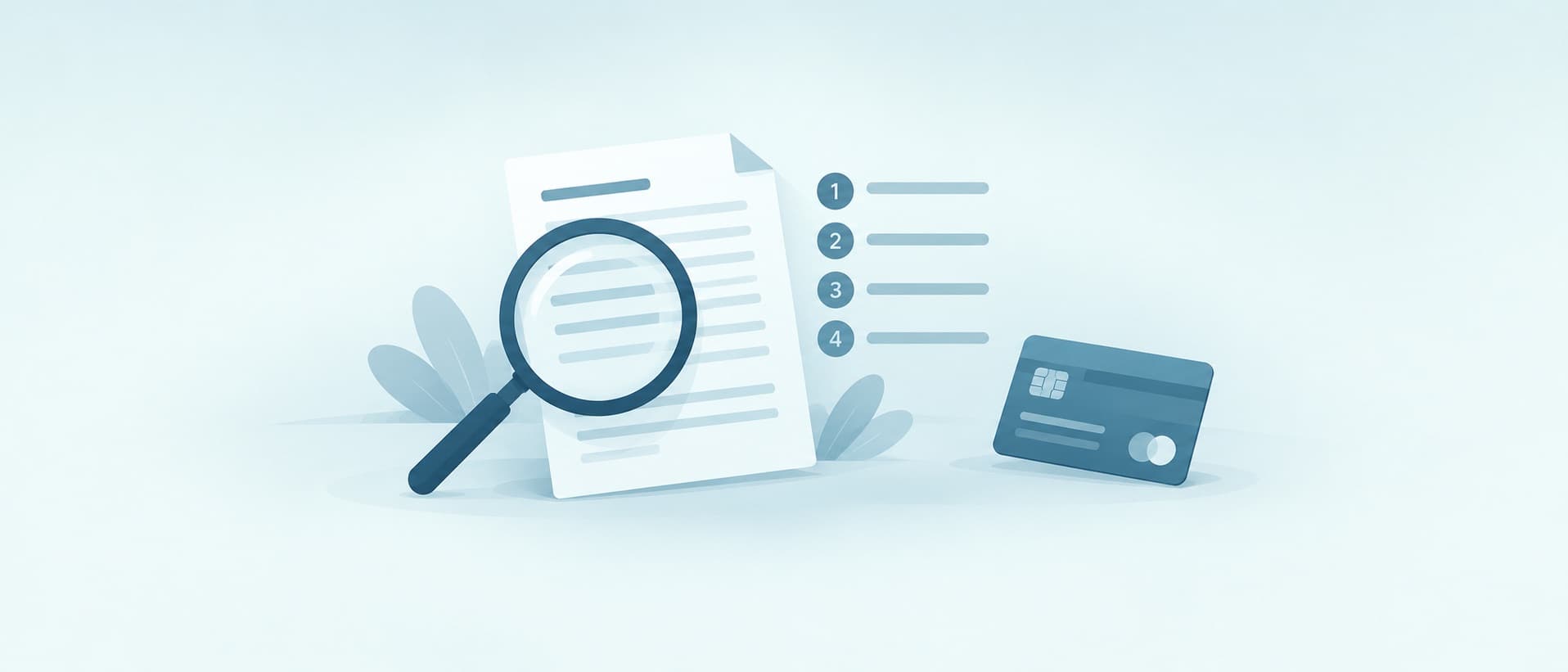 Contract page under a magnifying glass beside four numbered steps, with a bank card set aside until the review is done