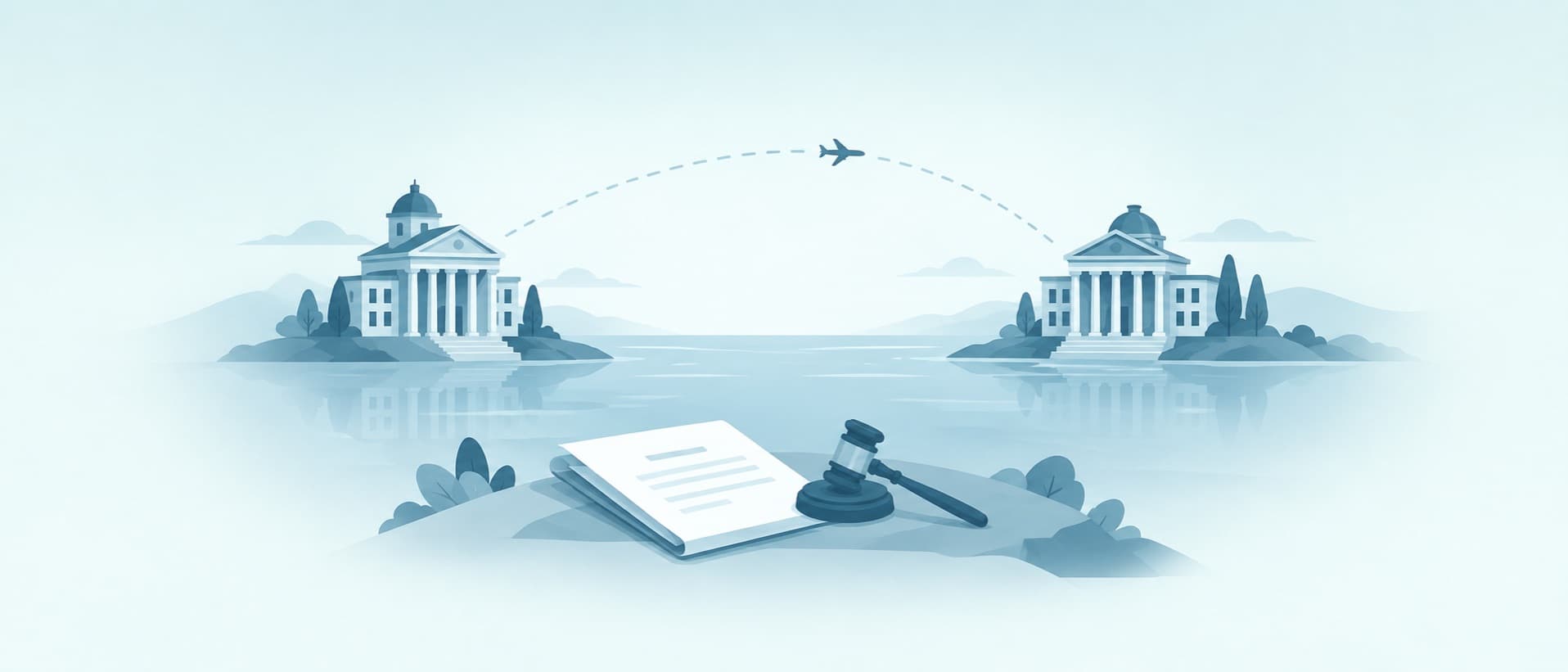 Two courthouses on opposite shores joined by a flight path, a contract and gavel in front, for suing a clinic abroad
