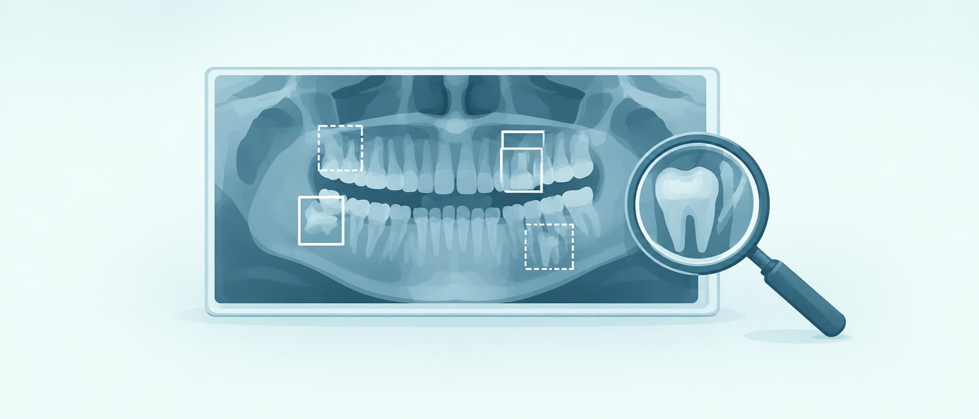 Panoramic dental X-ray with solid and dashed detection boxes beside a magnifying glass, for AI findings that may be false