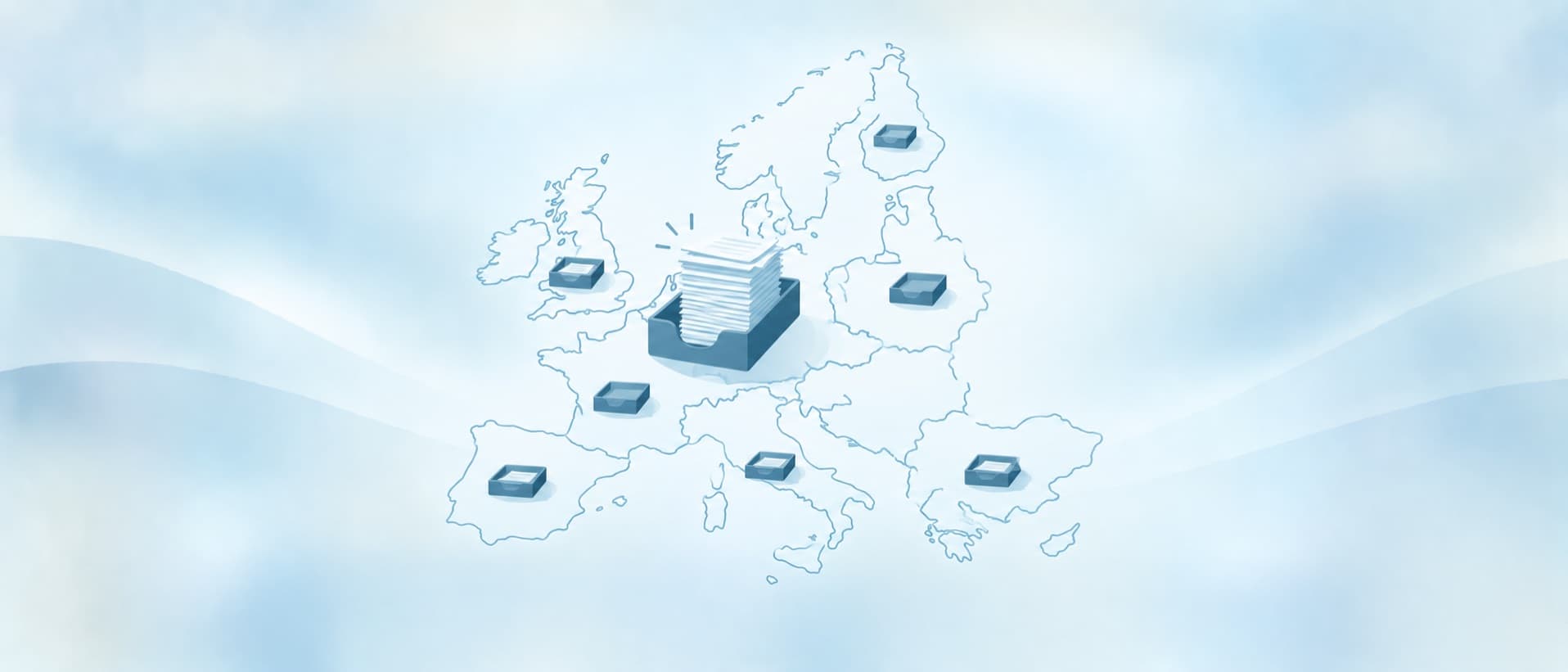 Map of Europe with one overflowing document tray and near-empty trays elsewhere, for EU cross-border healthcare claims