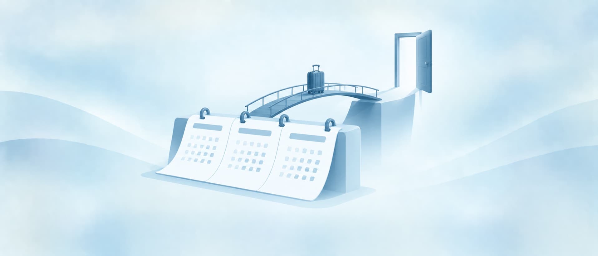 Suitcase crossing a bridge over calendar months to an open door, the residency wait before expat health insurance in Spain