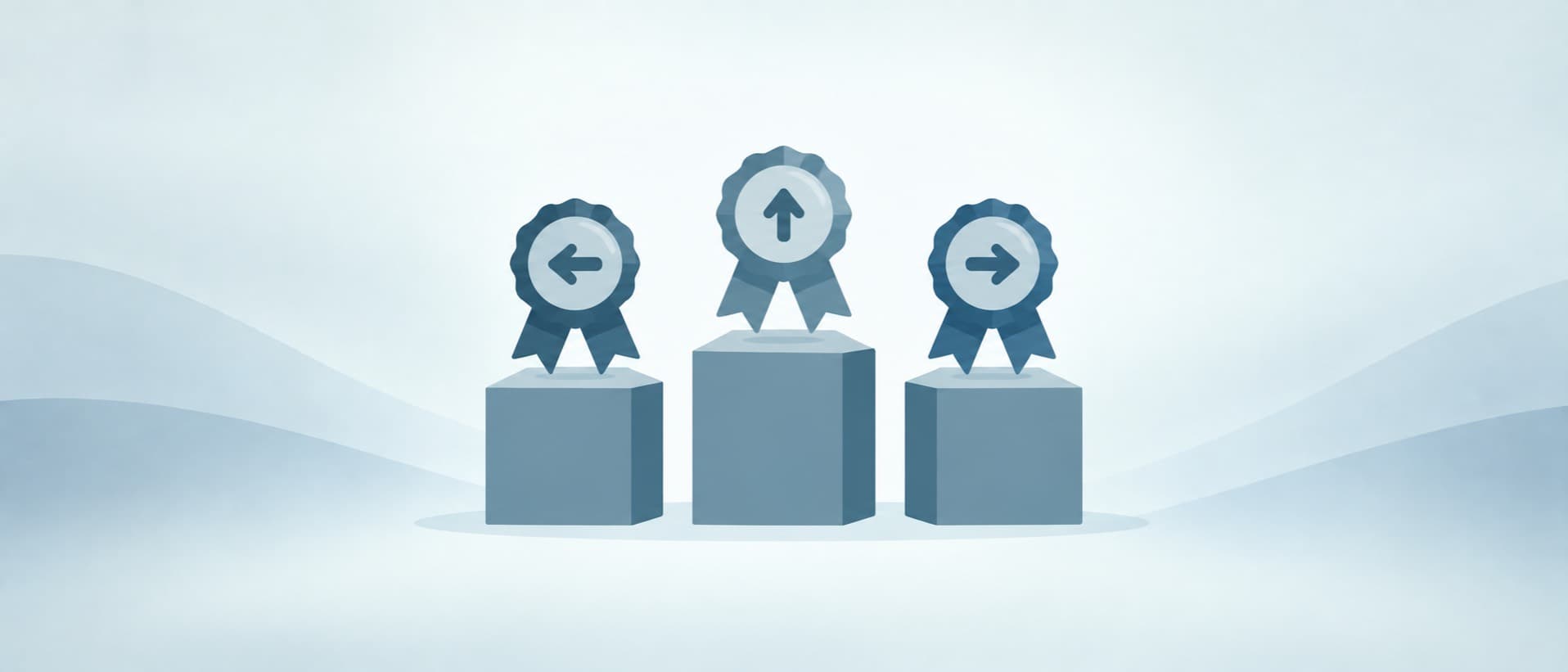 Three award ribbons on podiums pointing different ways, as healthcare system rankings disagree
