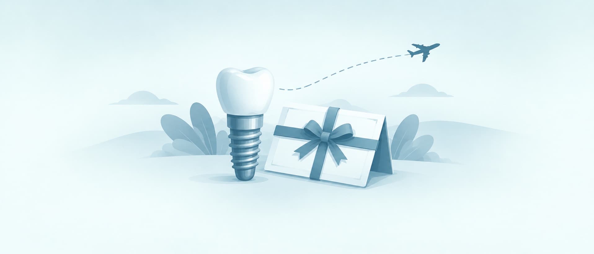 Dental implant beside a ribbon-tied warranty card and a departing plane, for lifetime warranty dental implants abroad