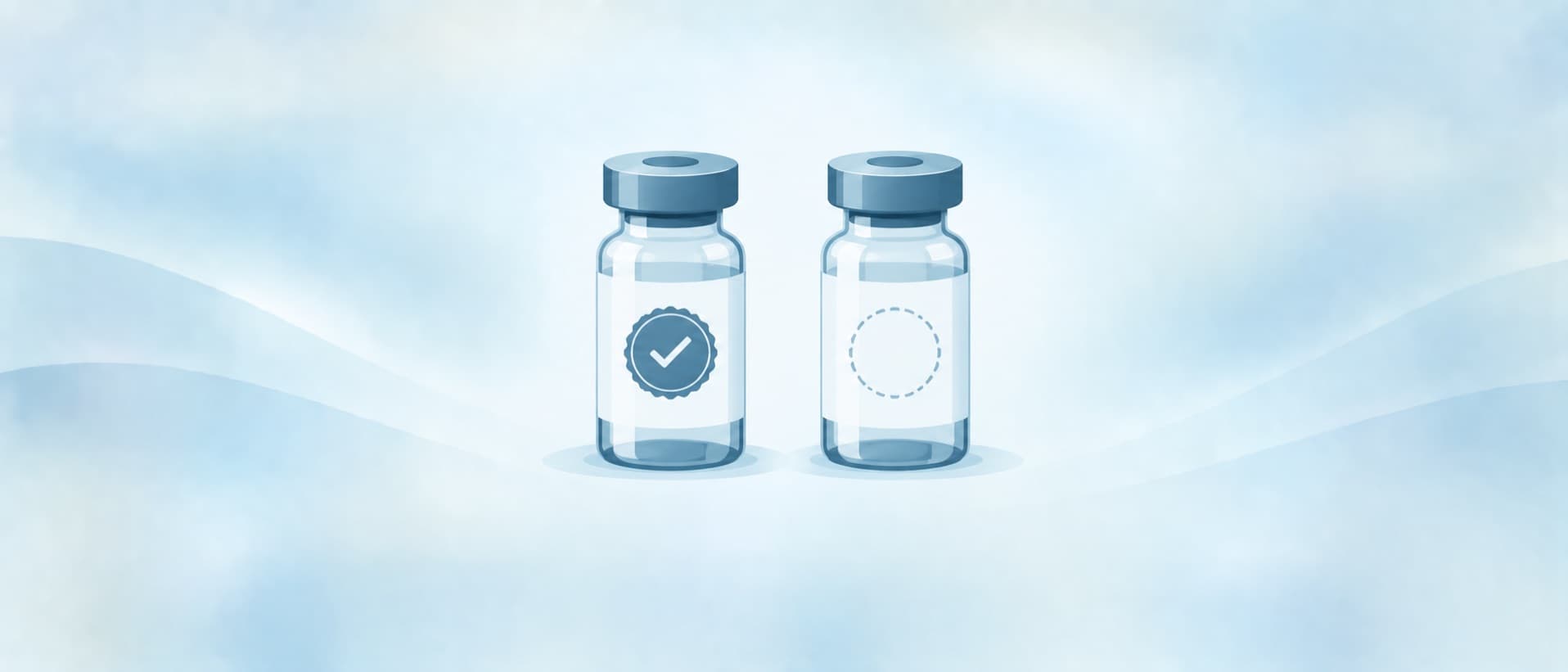 Two vials, one with an approval seal and one with an empty circle, for Kybella cost and fat dissolving injections