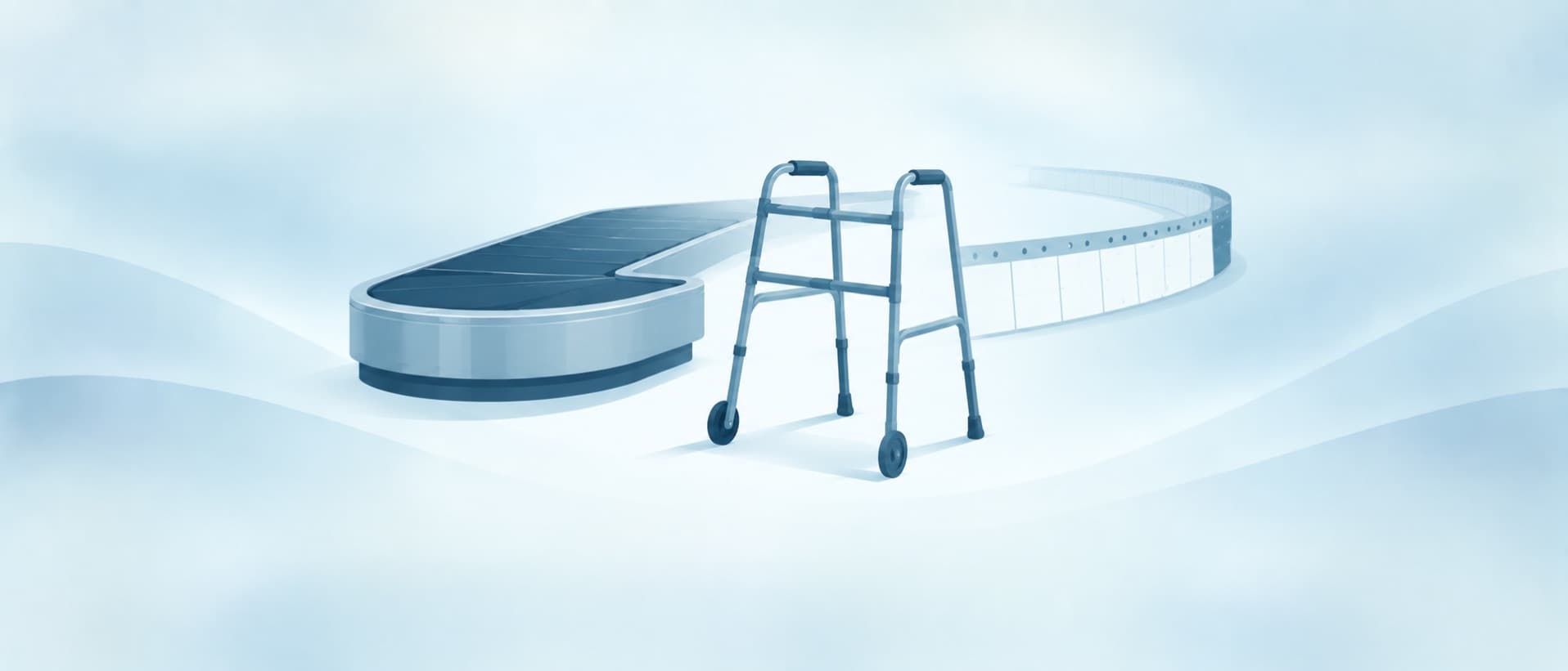 Walking frame beside an airport baggage carousel and a calendar strip, for physiotherapy after knee replacement abroad