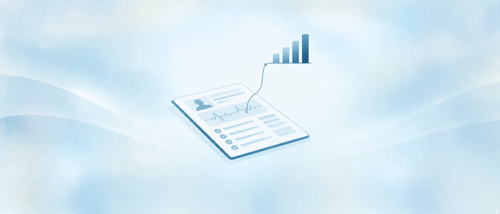 Patient chart whose heart-rate line rises into a bar chart, for AI upcoding and ambient scribe billing