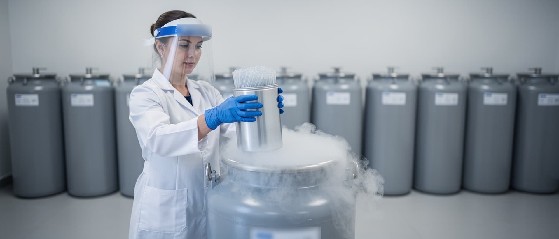 Technician lifting donor sperm samples from a liquid nitrogen tank at a sperm bank, where a sperm donation limit applies