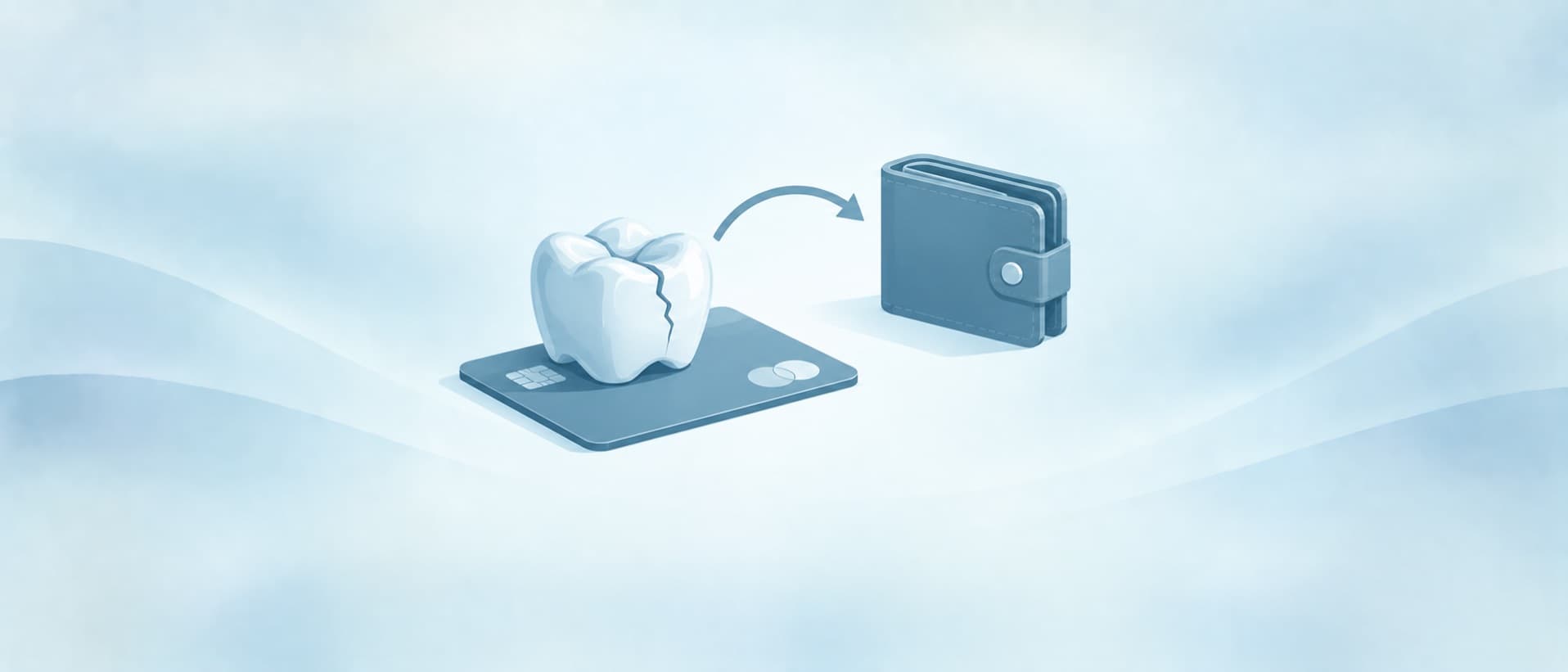 Cracked dental crown on a bank card with an arrow to a wallet, for card refunds after dental work in Turkey goes wrong