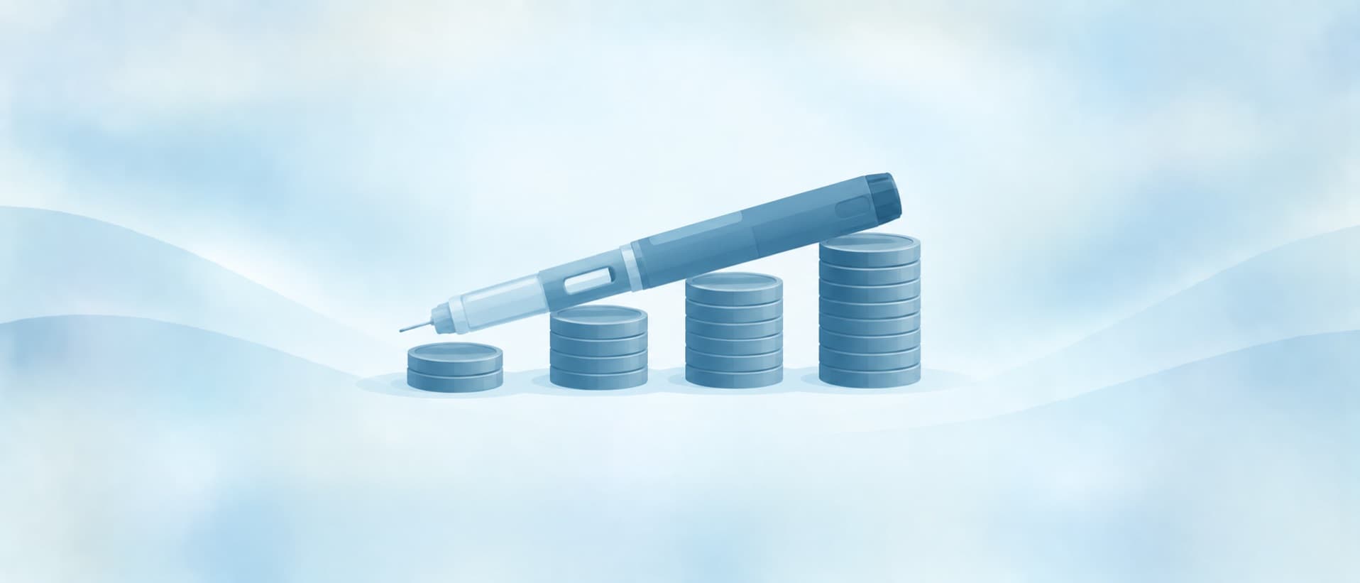 Injector pen resting on rising coin stacks, for Wegovy cost and which health systems pay for it